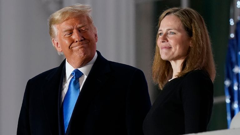 Amy Coney Barrett, who was controversially appointed by Donald Trump, broke with the right-wing faction on the Supreme Court. Pic: AP