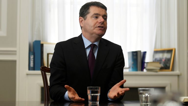 FILE PHOTO: Ireland&#39;s Minister for Finance Paschal Donohoe speaks during an interview with Reuters at the Ministry of Finance in Dublin, Ireland, February 5, 2018. REUTERS/Clodagh Kilcoyne/File Photo