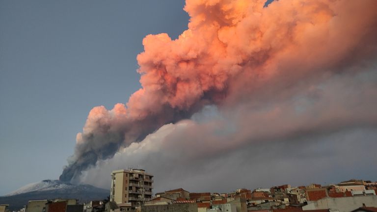 A view of the Mount Etna eruption spewing ash, as seen from Paterno, Italy, in this image obtained from social media dated February 16, 2021. LUIGI SENNA/via REUTERS THIS IMAGE HAS BEEN SUPPLIED BY A THIRD PARTY. MANDATORY CREDIT. NO RESALES. NO ARCHIVES.