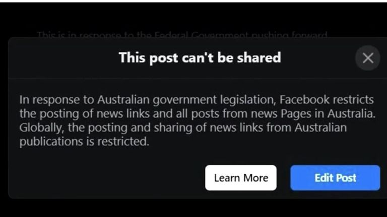 Une image tirée d'une vidéo de Reuters montrant le message que les utilisateurs australiens de Facebook reçoivent lorsqu'ils essaient de partager des actualités