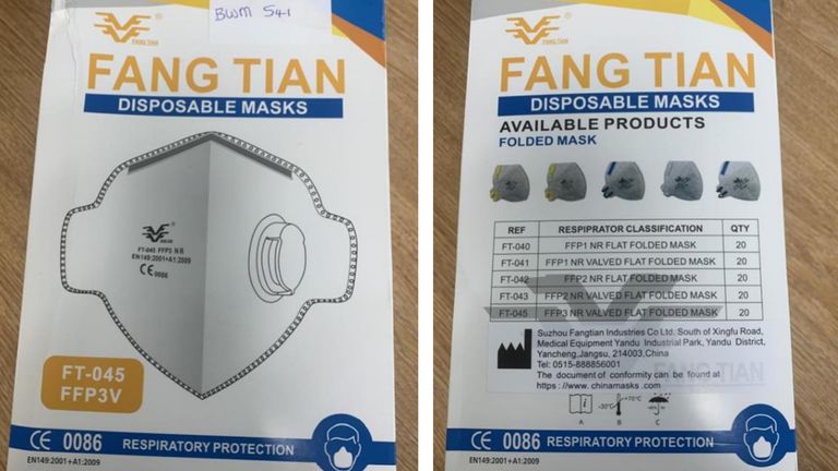 Undated handout photo issued by the Department of Health and Social Care of masks issued to NHS workers branded Fang Tian and supplied by Polyco Healthline, which may not meet safety standards, the Government has warned. Issue date: Tuesday February 23, 2021.
