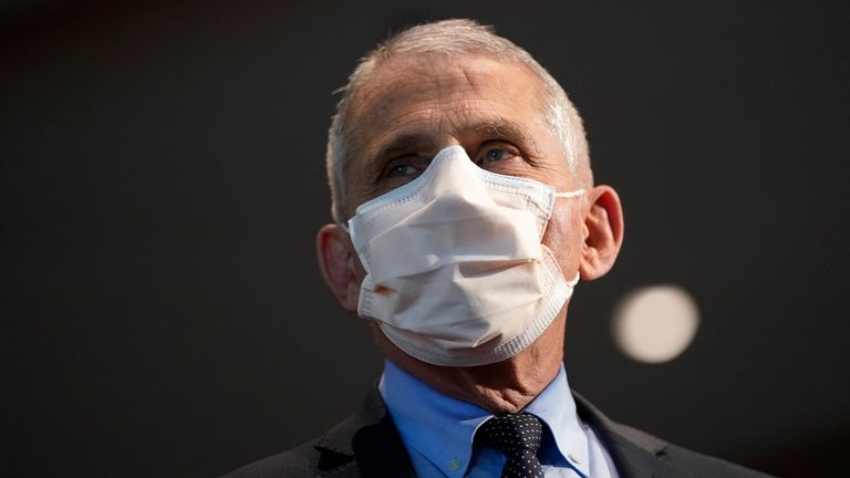 FILE - In this Dec. 22, 2020, file photo, Dr. Anthony Fauci, director of the National Institute of Allergy and Infectious Diseases, speaks before receiving his first dose of the COVID-19 vaccine at the National Institutes of Health, in Bethesda, Md. Fauci suggests fans enjoy the Super Bowl on Sunday, Feb. 7, 2021 with people in their household. (AP Photo/Patrick Semansky, Pool, File)