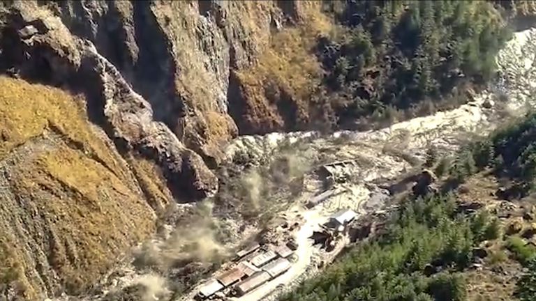 Floods of water, mud and debris flowing at Chamoli District after a portion of Nanda Devi glacier broke off in Tapovan area of the northern state of Uttarakhand, India.