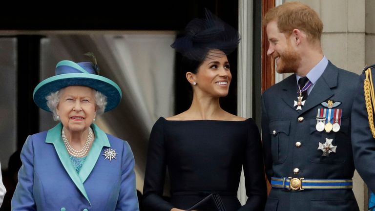 FILE - In this Tuesday, July 10, 2018 file photo Britain's Queen Elizabeth II, and Meghan the Duchess of Sussex and Prince Harry watch a flypast of Royal Air Force aircraft pass over Buckingham Palace in London. Prince Harry and Meghan Markle are to no longer use their HRH titles and will repay ..2.4 million of taxpayer's money spent on renovating their Berkshire home, Buckingham Palace announced Saturday, Jan. 18. 2020. (AP Photo/Matt Dunham, File) 