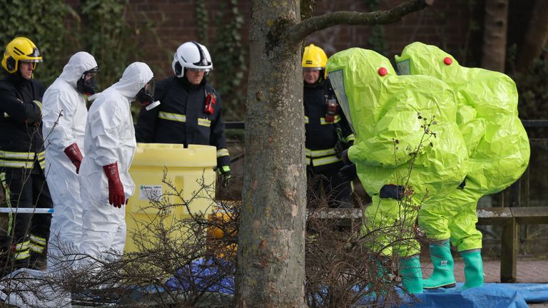 Investigators covered a bench where Russian double agent Sergei Skripal was found after being poisoned 