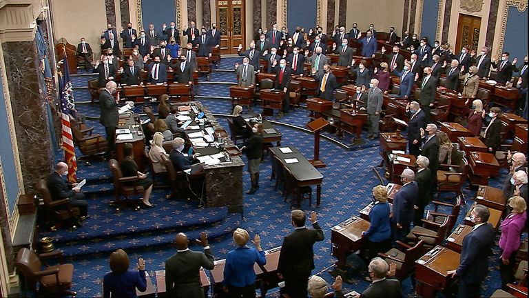 Senate members are sworn in for the impeachment trial at the US Capitol. Pic: AP