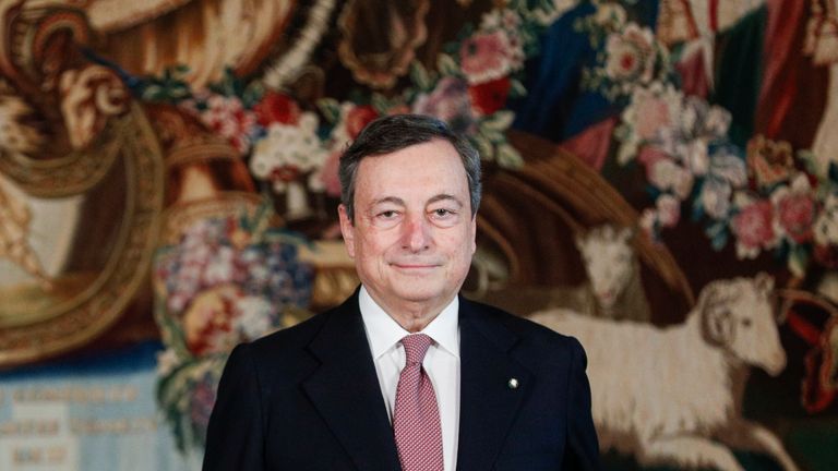 Italian Premier Mario Draghi after the swearing-in ceremony, at the Quirinale Presidential Palace in Rome, Saturday, Feb. 13, 2021. Mario Draghi, credited with largely saving the euro currency, has formally taken the helm of Italy, focused on guiding the country through the pandemic and reviving its economy. Premier Draghi and his Cabinet ministers were sworn into office Saturday at the Quirinal presidential palace in front of President Sergio Mattarella. (Guglielmo Mangiapane/Pool photo via AP)
