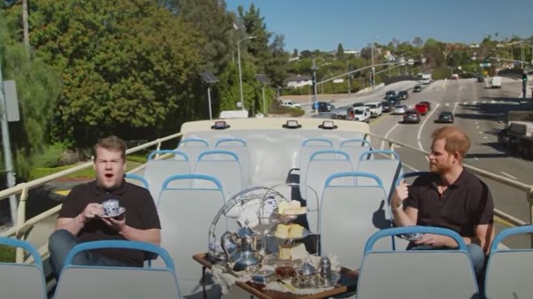 James Corden and Prince Harry toured LA on an open air bus with afternoon tea