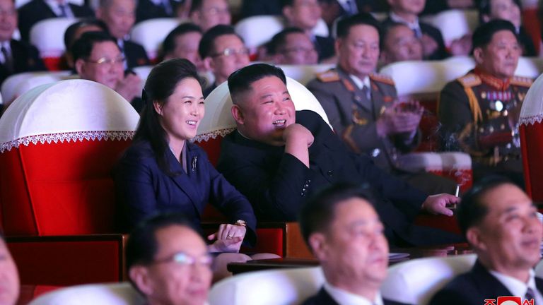 North Korean leader Kim Jong Un and his wife Ri Sol Ju at the Mansudae Art Theatre in Pyongyang