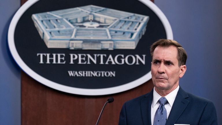 Pentagon spokesman John Kirby speaks during a media briefing at the Pentagon, Wednesday, Feb. 17, 2021, in Washington. (AP Photo/Alex Brandon)