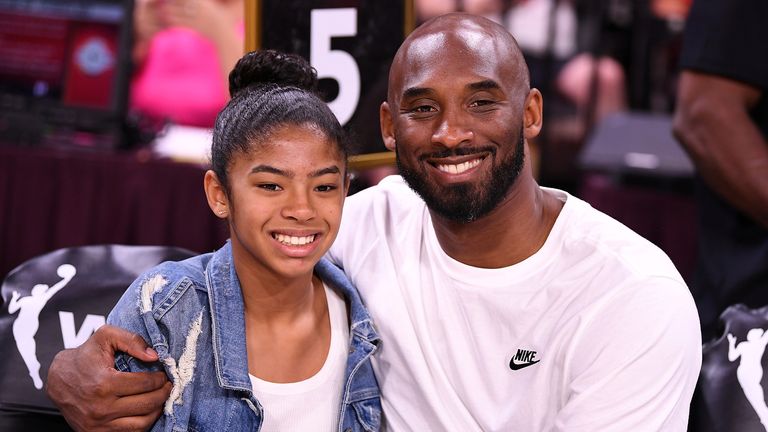 July 27, 2019;  Kobe Bryant is pictured with his daughter Gianna at the WNBA All Star Game at the Mandalay Bay Events Center.  Mandatory Credit: Stephen R. Sylvanie - USA TODAY Sports