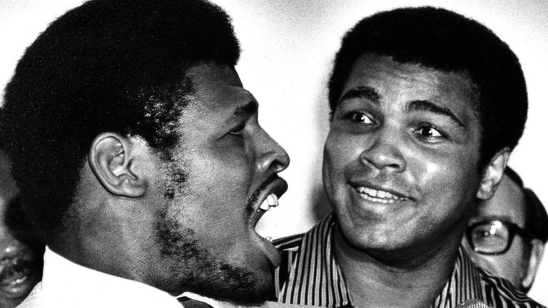 Muhammad Ali, right, has to listen as heavyweight champion Leon Spinks speaks as they sign contracts for their rematch in 1978. Pic: AP