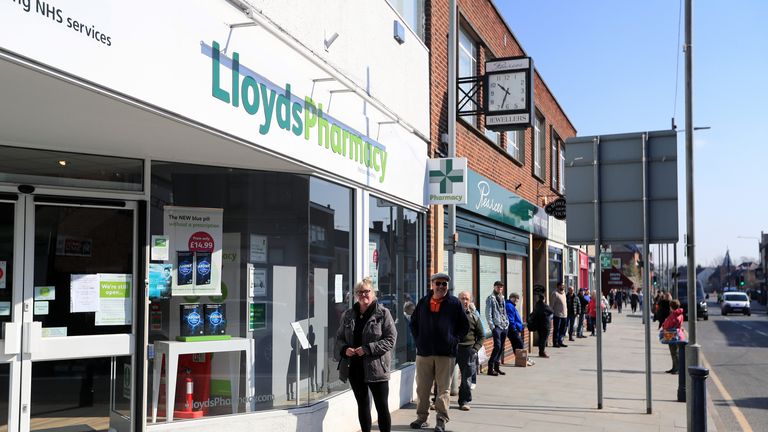 Members of the public queue to enter a Lloyds Pharmacy in Melton Mowbray, allowing a two metre gap between individuals as the UK continues in lockdown to help curb the spread of the coronavirus.
Read less
Picture by: Mike Egerton/PA Archive/PA Images
Date taken: 27-Mar-2020