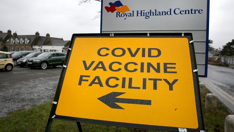 A Covid vaccine facility sign at the Royal Highland Show ground in Edinburgh, where lockdown measures introduced on January 5 for mainland Scotland remain in effect until at least the end of February. Picture date: Thursday February 4, 2021.
