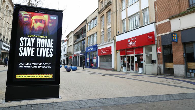 A ‘Stay Home Save Lives’ sign on Broadmead in Bristol during England’s third national lockdown to curb the spread of coronavirus. (Andrew Matthews/PA)
