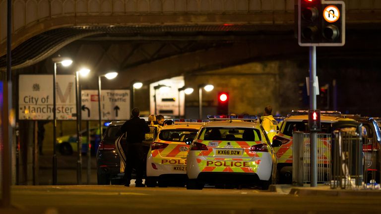 Police at scene after Manchester Arena bombing on 22 May 2017