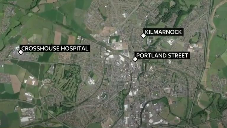 A map showing Kilmarnock and where the incidents took place