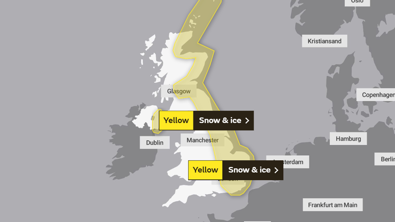 Monday&#39;s weather warnings. Pic: Met Office