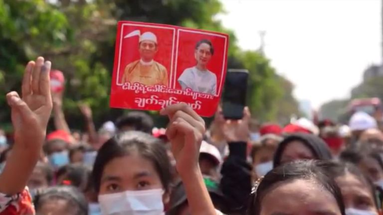 Protesters called for the release of their democratic leaders, including Aung San Suu Kyi
