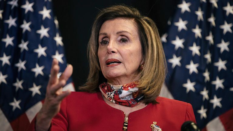 NYTELX20..Washington, D.C.  -- Tuesday, November 3, 2020..House speaker Nancy Pelosi holds a press conference at the Democratic Congressional Campaign Committee headquarters in Washington, D.C. as 2020 election results are tallied. DCCC chairwoman Cheri Bustos appeared virtually from Moline, Illinois...CREDIT: Alyssa Schukar for The New York Times  .30250575A