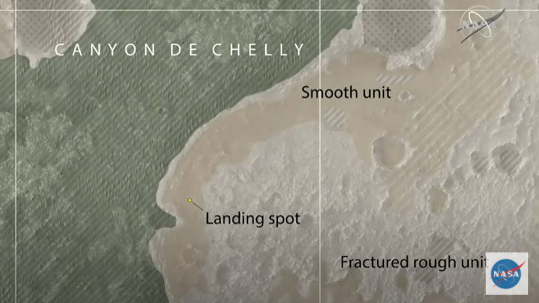 A map shows the landing site and the surrounding 'Canyon de Chelly'. Pic: NASA