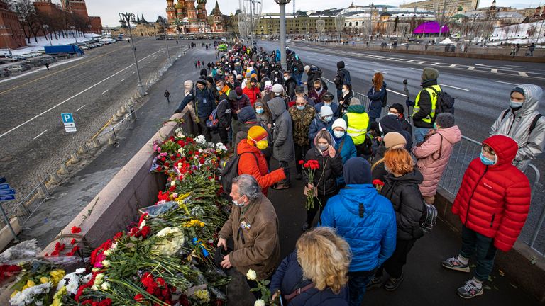 About 4,600 people gathered on the bridge over the day to pay their respects to murdered Putin critic Boris Nemtsov