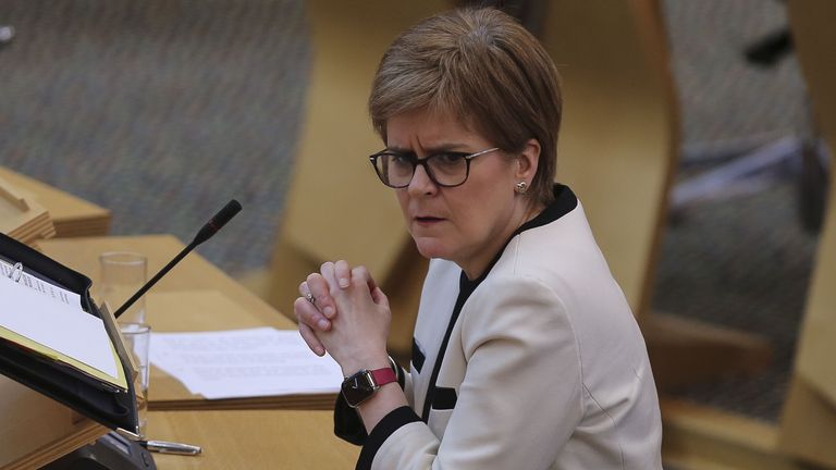 First Minister Nicola Sturgeon during First Minister&#39;s Questions at the Scottish Parliament in Holyrood, Edinburgh.