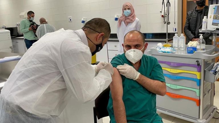 Palestinian health workers being vaccinated earlier this month