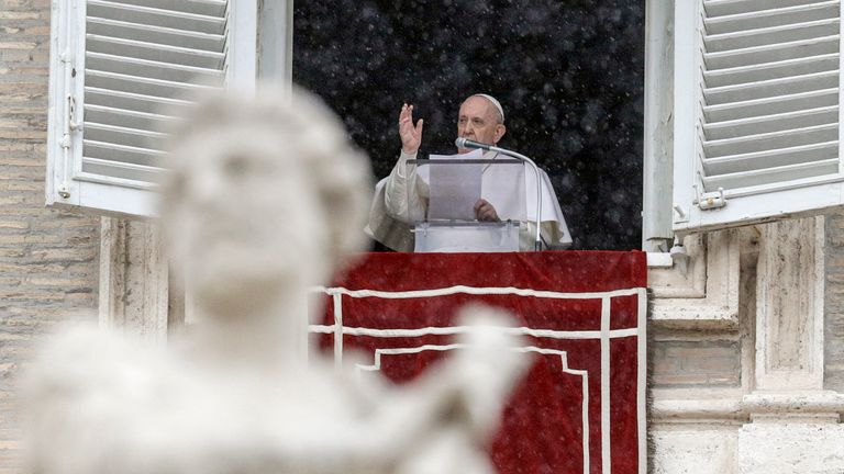 Pope Francis delivers his blessing at St Peter&#39;s Square in Rome on Sunday. Pic: AP