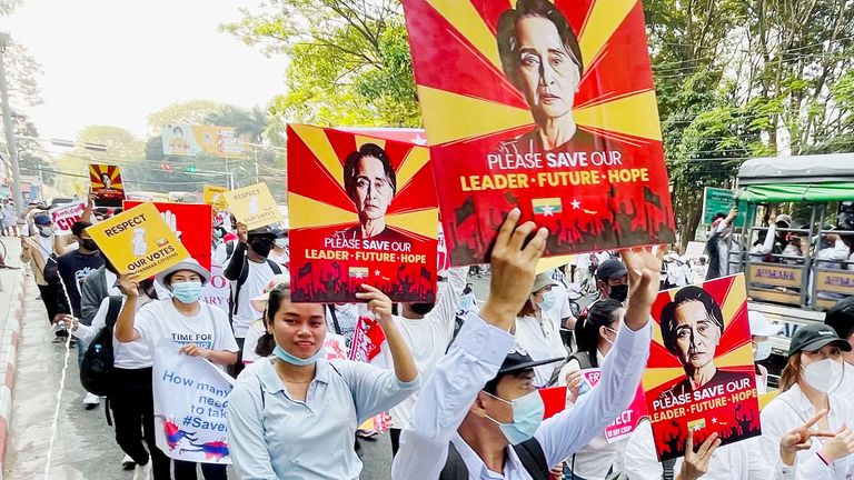 A protest in Yangon, Myanmar against the military coup in the country. Pic: AP