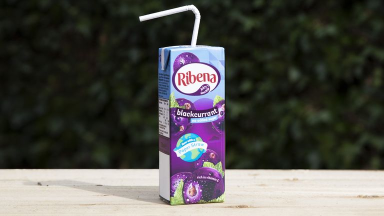 Undated Transcend Packaging handout photo of a Ribena carton with a paper straw.