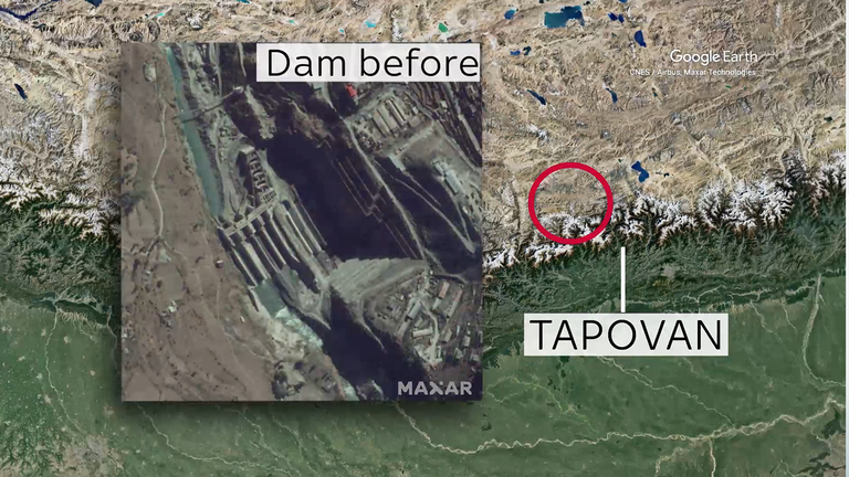 Cette image satellite montre le barrage de Tapovan en 2018. Crédit:
