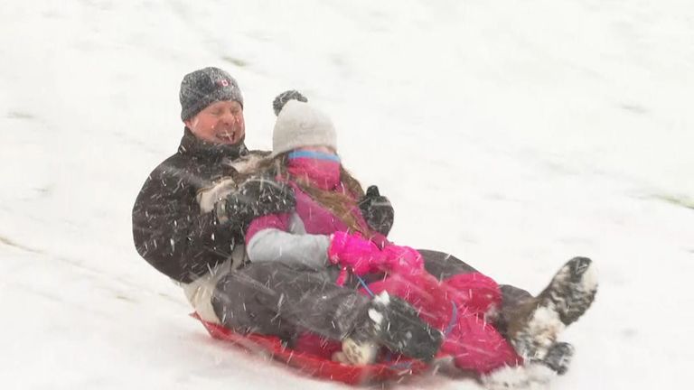 Kids and adults alike took to the slopes on sleds and snowboards as parts of Kent were blanketed with snow.