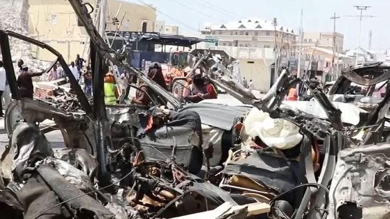 Remains of a vehicle destroyed by a suicide bomb in Mogadishu
