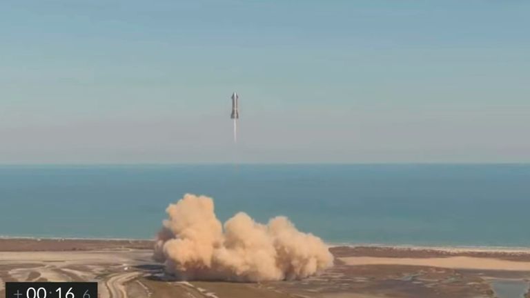 The SpaceX Starship SN9 prototype rocket lifts off for a test flight from its launch pad in Boca Chica
