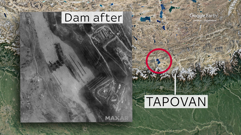 Cette image satellite montre le barrage de Tapovan après l'inondation.  Crédit: Image satellite © 2021 Maxar Technologies