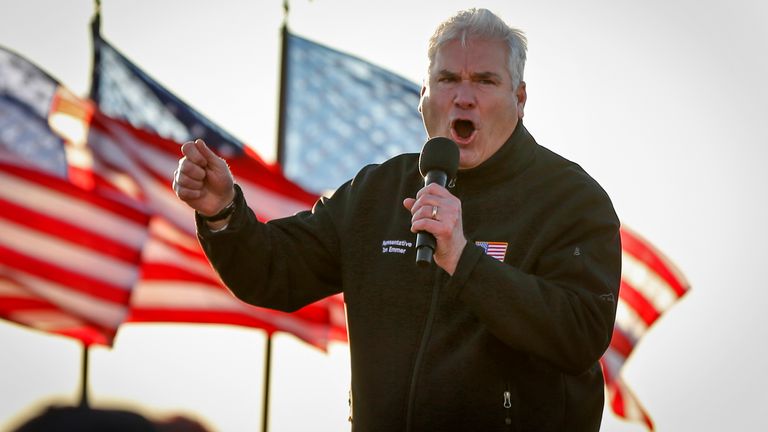 Congressman Tom Emmer addresses a crowd at a campaign rally for  Donald Trump in October. Pic: AP