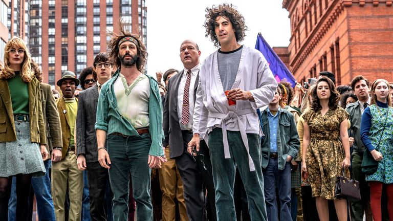 Jeremy Strong and Sacha Baron Cohen star in The Trial Of The Chicago 7. Pic: Nico Tavernise/Netflix