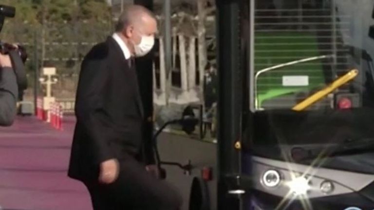 President Erdogan takes a ride on a driverless bus