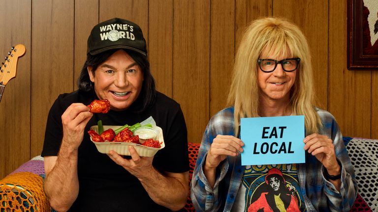 Mike Myers and Dana Carvey made a surprise appearance as their characters from cult film Wayne&#39;s World. Pic: Uber Eats via Associated Press