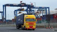 A freight lorry leaving Belfast Port
