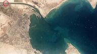 A satellite image shows the "Ever Given" and idling ships at the entrance of the Suez Canal, Egypt. Pic: Planet Labs Inc./Reuters
