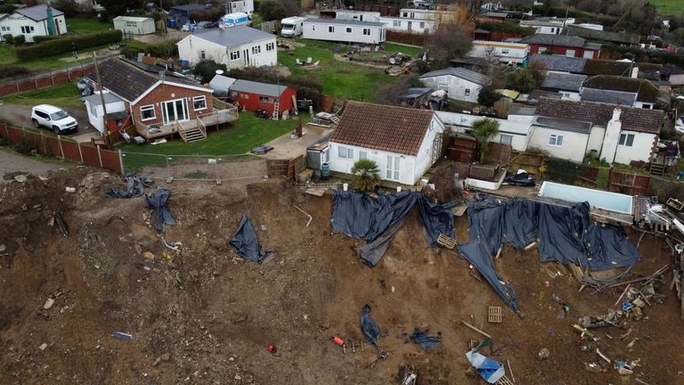 The home (left) of Edd Cane, on the cliff edge in Eastchurch, on the Isle of Sheppey, Kent, where residents continue to find a way to save their homes from plunging over the cliff edge. Picture date: Thursday March 4, 2021. Picture date: Thursday March 4, 2021.