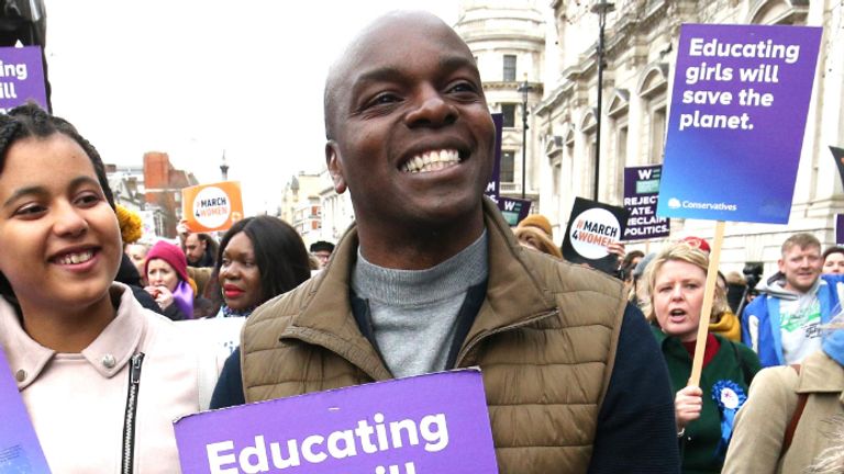 2020 Conservative London mayoral candidate Shaun Bailey during the International Women&#39;s Day march in central London.
