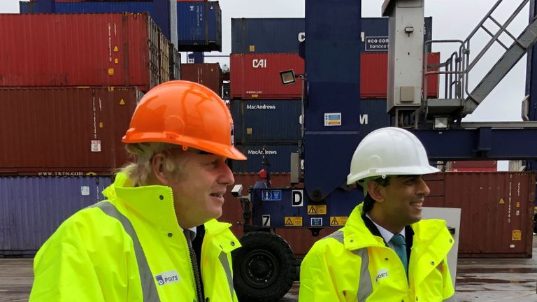Prime Minister Boris Johnson and Chancellor of the Exchequer, Rishi Sunak during a visit to Teesport in Middlesbrough. Picture date: Thursday March 4, 2021.