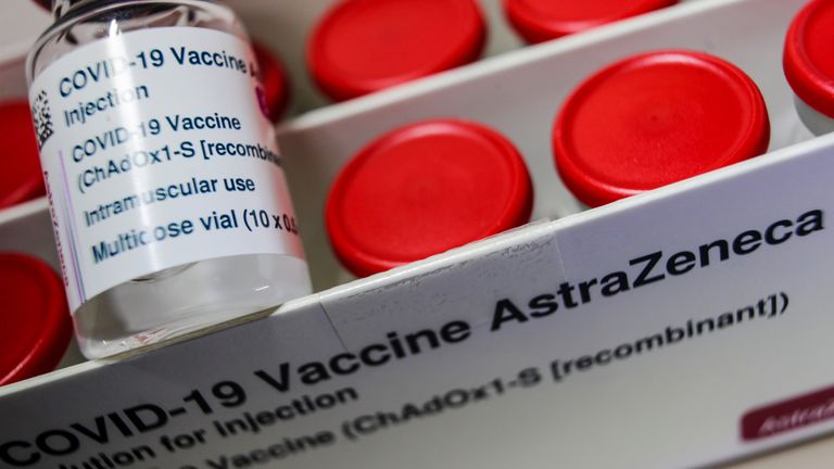 A vial with the AstraZeneca's coronavirus disease (COVID-19) vaccine is pictured in Berlin, Germany, March 16, 2021. REUTERS/Hannibal Hanschke