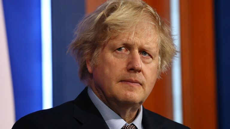 Prime Minister Boris Johnson during a media briefing on coronavirus (Covid-19) from Downing Street&#39;s new White-House style media briefing room in Westminster, London. Picture date: Monday March 29, 2021.
