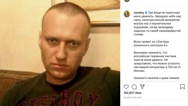The post on Mr Navalny&#39;s Instagram account showed him with closely cropped hair. Pic: Instagram/@NAVALNY