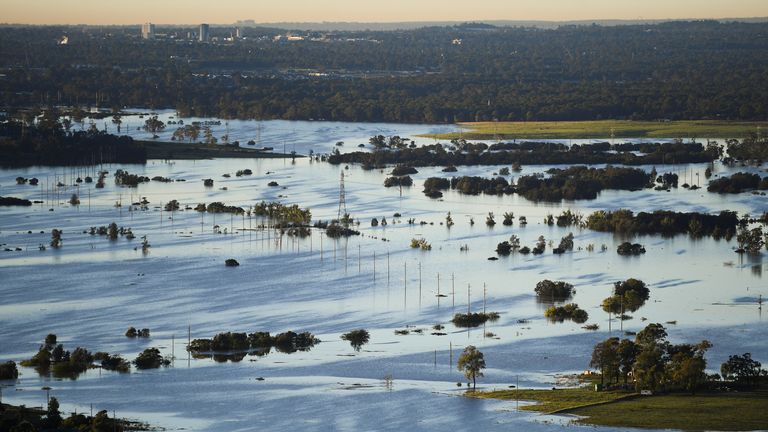 Flood-affected areas as seen from the air in the Windsor and Pitt Town areas along the Hawkesbury River near Sydney