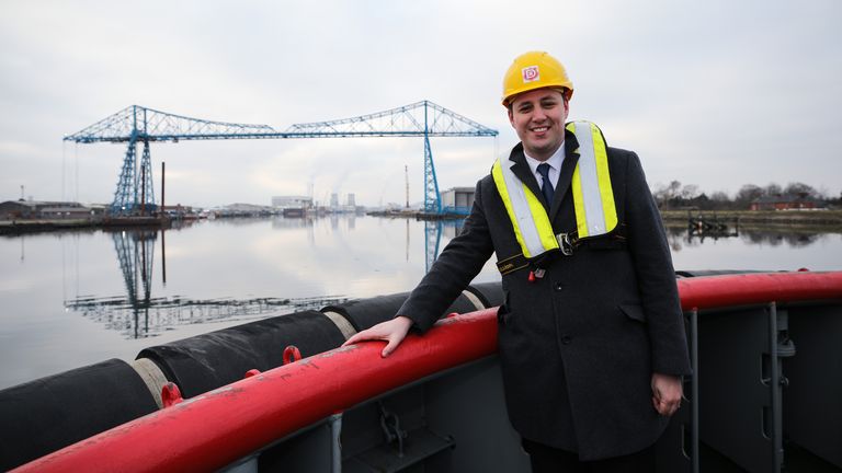 Tees Valley mayor Ben Houchen is shown in front of Middlesbrough&#39;s iconic Transporter Bridge. Pic: Dave Charnley Photography